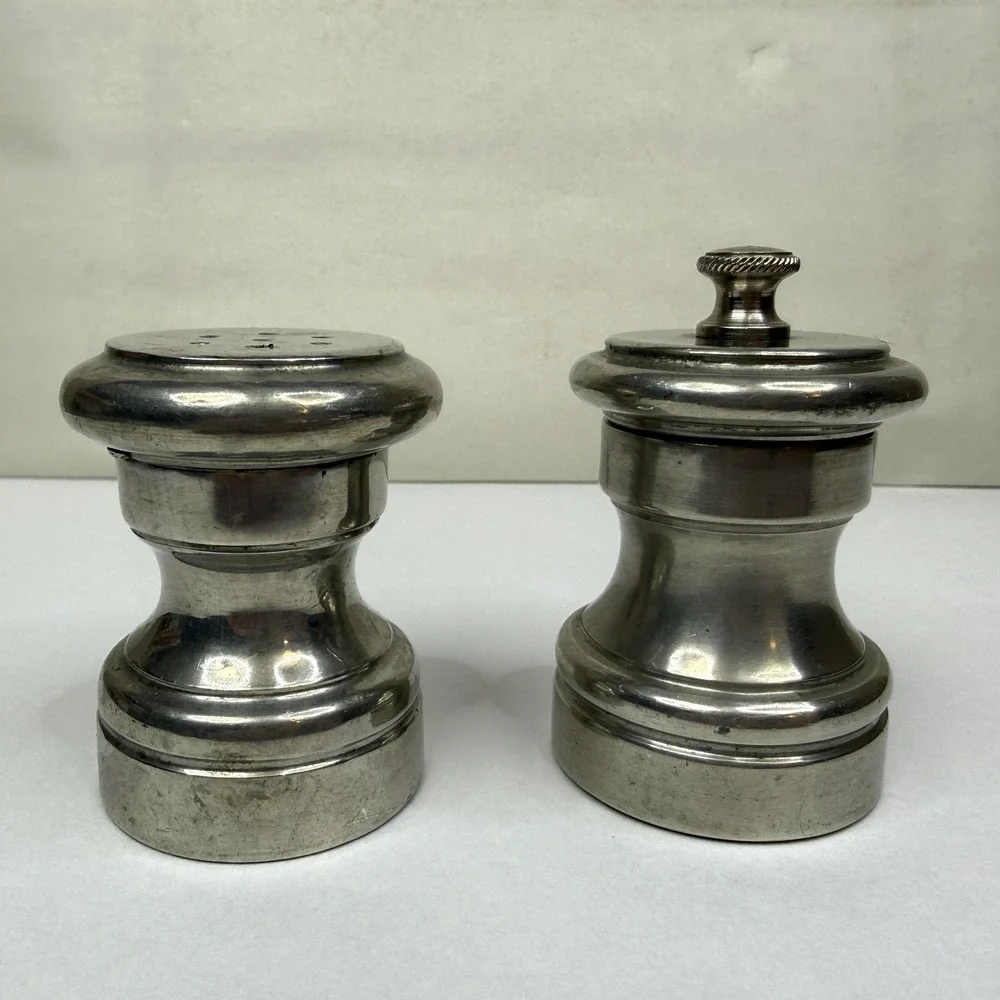 Vintage Pewter Salt Shaker & Pepper Mill Grinder Set Manual Adjustable Grind